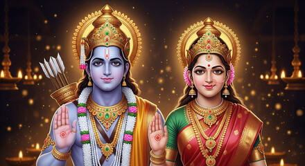 Obraz premium Divine blessing portrait of Lord Rama and Goddess Sita with radiant halos expressing devotion faith spiritual harmony and Indian religious tradition during Ram Navami