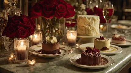 Elegant Dessert Table with Rose Decorations and Soft Lighting