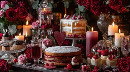 Romantic Dessert Table with Cakes, Candles and Flowers