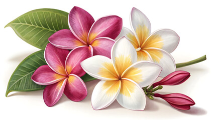 Obraz premium Vibrant pink and white plumeria flowers bouquet on white background natural beauty