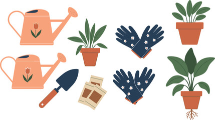 Gardening illustration set with watering cans potted plants gloves shovel and seed packets in flat modern style for home garden design projects © MstNazma