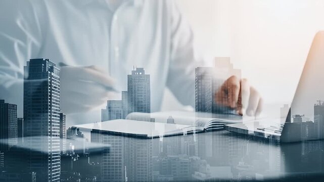 Business professional working on laptop and writing notes with city skyline overlay.