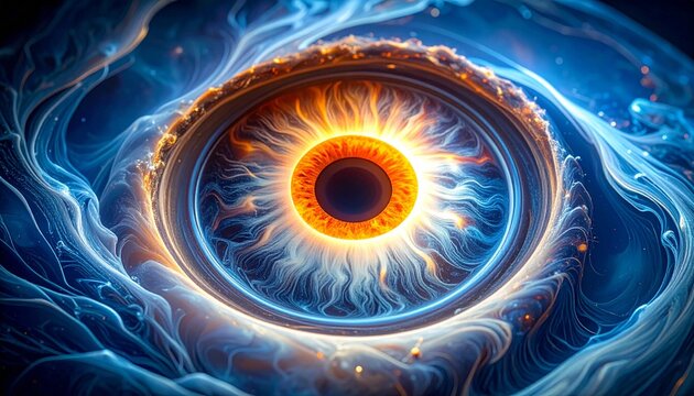 Cosmic eye glowing with fiery iris and swirling energy.