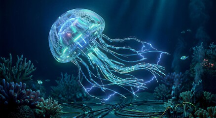 Robotic jellyfish with transparent, glowing lattice bell and electric tentacles explores a deep-sea coral reef. Blue electrical arcs discharge, illuminated by cybernetic fish.