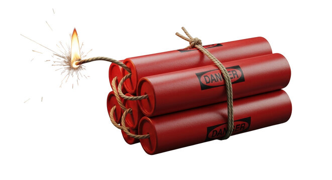 Dynamites bundle with burning wick ready to explode isolated on transparent background,representing danger,risk,explosion,and illegal actions on a dark background