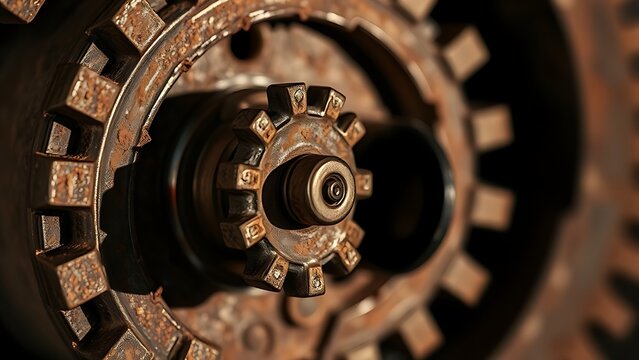 susceptibility. A rusted mechanical gear assembly with one jammed gear, metallic textures, industrial aesthetic. safety posters.