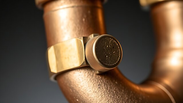 flippant. Close-up of a shiny brass joint connecting two copper pipes. safety posters, maintenance manuals, designed for industrial assembly lines and welding operations, used by engineers.