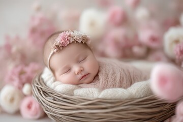 Gentle infant photography, Calm baby adorned with floral crown and soft fabrics, Peaceful newborn nestled in woven basket with flower crown and gentle lighting ambiance