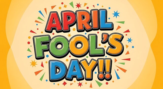Vibrant april fools day graphic with colorful text and confetti