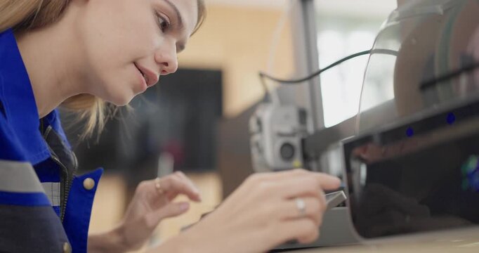Engineer examines freshly printed 3D component in a workshop , showcasing advanced manufacturing and prototyping technology. Reflecting innovation, precision engineering, industrial design processes
