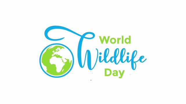 Animated text featuring World Wildlife Day planet Earth in green and blue colors, on a transparent or alpha background, 4K footage