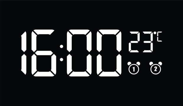 White digital clock display showing 16:00 and 23&deg;C with alarm icons on a black background for timekeeping