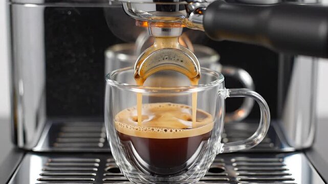 Fresh Espresso Coffee Pouring into Glass Cup from Modern Machine with Rich Crema and Steam, Perfect for Morning Rituals or Cafe Promotions