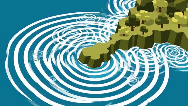 Isometric island with forest and ripple effect in blue ocean