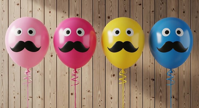 Colorful balloons with mustaches on a wooden background