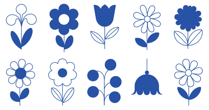 Collection of stylized blue flowers and botanical a white background floral nature