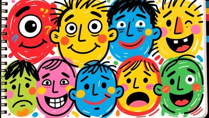 Naklejka premium Vibrant cartoon faces with diverse expressions on white background viewed from a straightforward angle