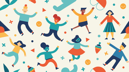 Obraz premium Colorful illustration of diverse people dancing and playing with geometric shapes on a light background, featuring various playful elements and expressions