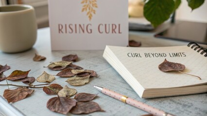 Cozy Workspace with Notebook, Leaves, and Inspirational Card in Natural Light for Creative Inspiration