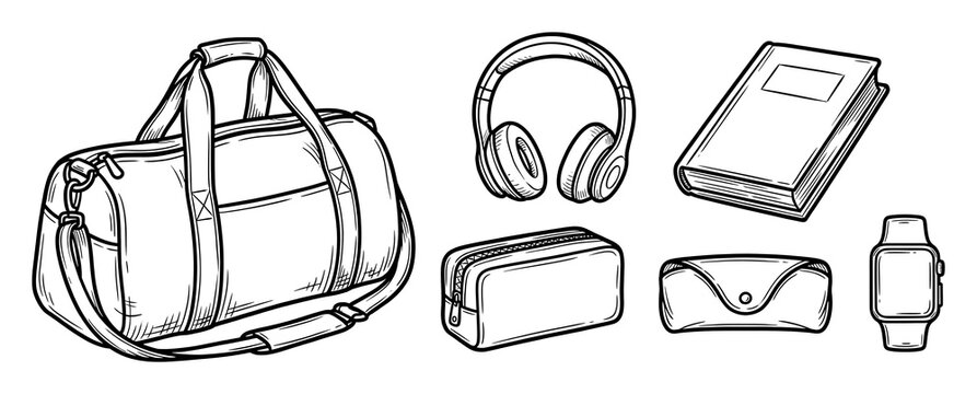 Hand-drawn ink weekend getaway essentials illustrations Set.