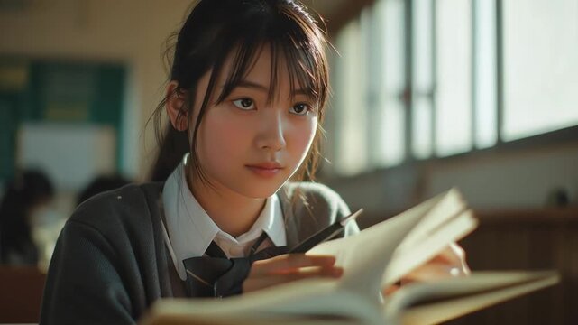 勉強をする日本人の女子高生