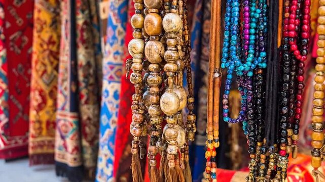 Colorful beaded necklaces and patterned textiles hanging in a market stall, vibrant display.
