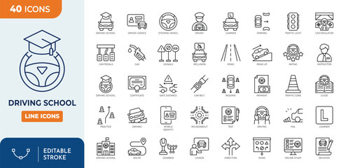 Driving School icon set. Driving School outline icons collection. Editable stroke. Vector illustration