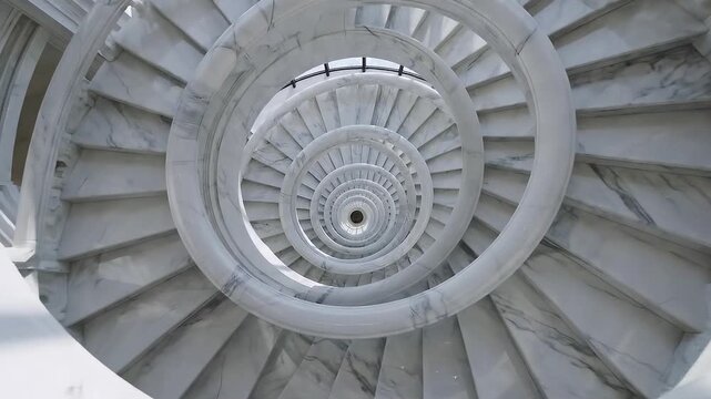 A top-down perspective looking through the center of a white marble spiral staircase, creating a Fibonacci spiral.