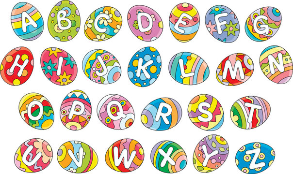 Colorful alphabet with letters on a background of festively painted Easter eggs, a set of vector cartoon illustrations isolated on white