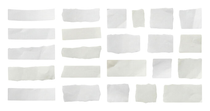 Set of torn white paper strips with soft gray shadow, collage label or washi tape mockup elements on light background