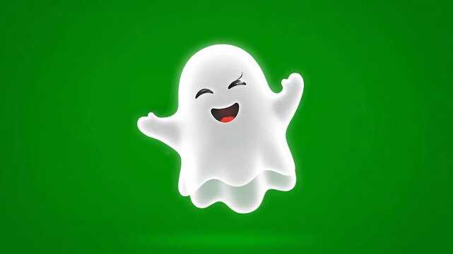 Smiling ghost character waving on green background for spooky or friendly scenarios