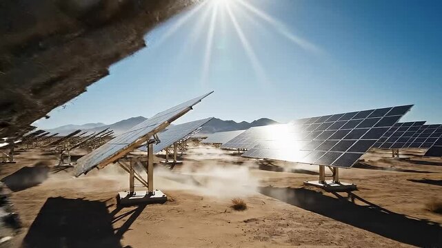 A wide shot of a group of solar panels simultaneously tilting to track the sun across a desert landscape.