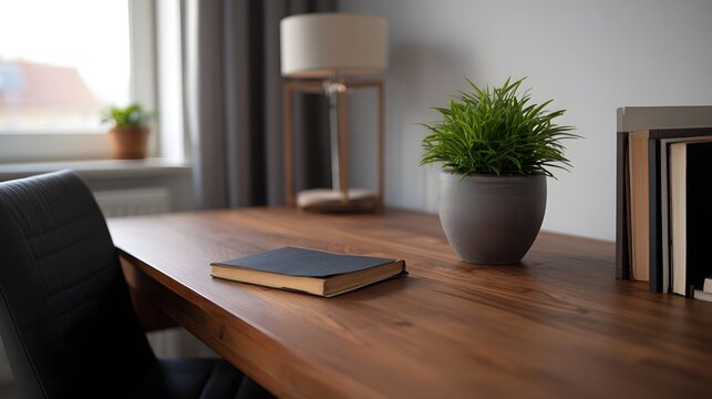 A clean wooden desk arranged with a book a potted green plant and a stack of books in a bright modern office setting