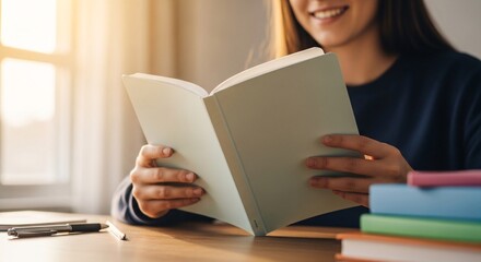 Naklejka premium Woman Reading Book at Wooden Desk.