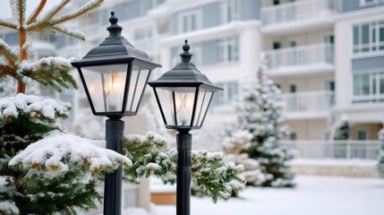 Street lamps illuminating winter snow outside building at evening