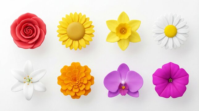 Assortment of Colorful Flowers on White Background Floral Diversity.
