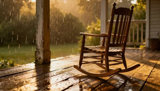 rustic porch rocking chair in summer rain perfect for all the feels