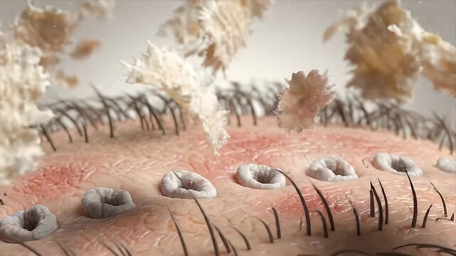 Animation of Scalp with Dandruff Formation in Brown Background Demonstrating Medical Condition for Healthcare Promotion