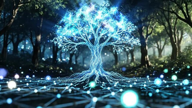 A luminous tree stands in a mystical forest, surrounded by glowing orbs and network lines, viewed from a slight elevation