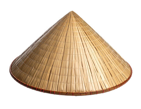 Traditional conical hat made of woven natural fibers on black background