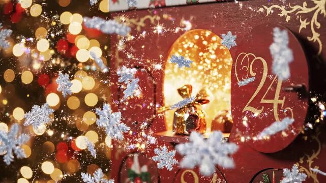Christmas advent calendar with 24th door opening on a festive background with lights