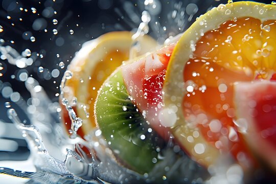 Frische Zitrusfr&uuml;chte mit dynamischen Wasserspritzern
