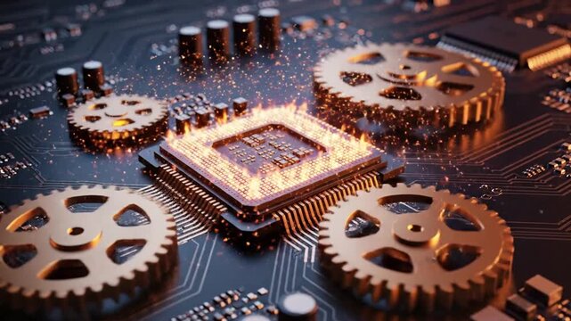 A close-up view of a glowing microchip surrounded by interlocking gears on a circuit board, showcasing technology and innovation in a complex machinery