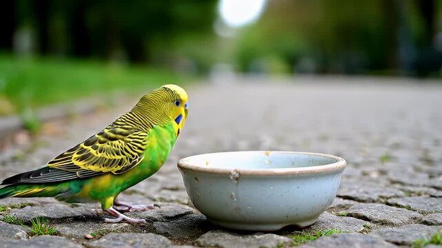 Video of green parakeet approaching water bowl on pavement in park.