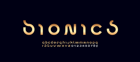 Technology extra bold font, digital cyber alphabet, golden letters A, B, C, D, E, F, G, H, I, J, K, L, M, N, O, P, Q, R, S, T, U, V, W, X, Y, Z and numerals 0, 1, 2, 3, 4, 5, 6, 7, 8, 9 space style