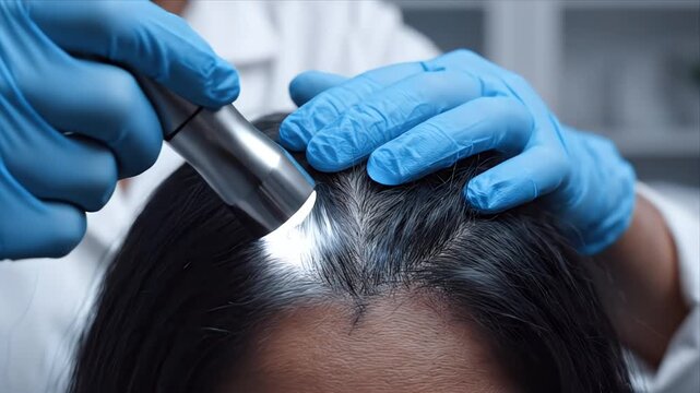 Dermatological Examination of Scalp Close Up Showing Hair Follicles Roots and Skin Surface with Magnified View for