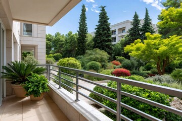 Fototapeta premium Balcony view overlooking lush green garden landscape