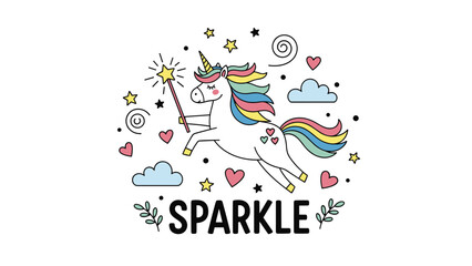 Fototapeta premium Enchanting white unicorn with a rainbow mane and tail flying among sparkling stars, fluffy clouds, and colorful hearts in a magical sky.