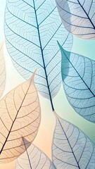 Translucent leaves with blue, beige, and light green veins on a pastel background.