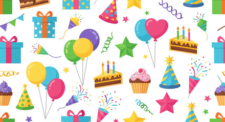 Brightly colored seamless pattern of birthday celebration elements, including gifts, balloons, cakes, hats, and confetti, isolated on a white background.